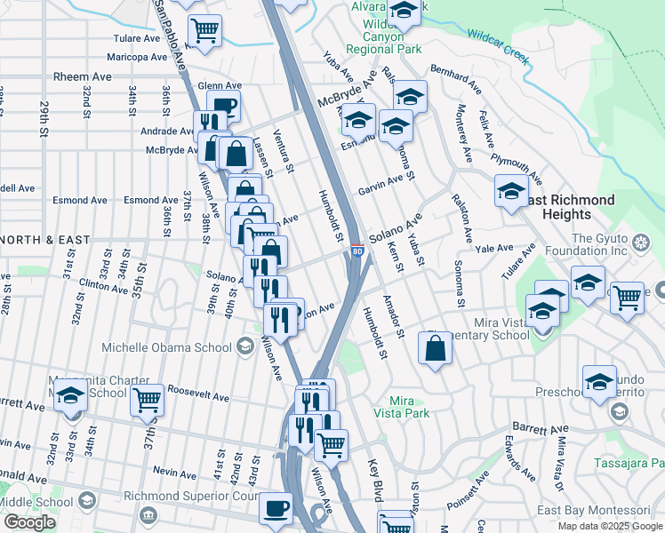 map of restaurants, bars, coffee shops, grocery stores, and more near 738 Ventura Street in Richmond