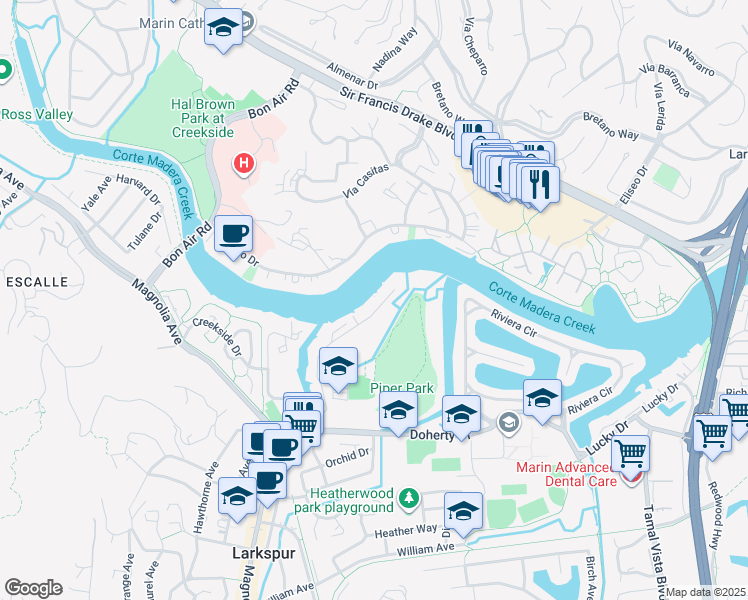 map of restaurants, bars, coffee shops, grocery stores, and more near 31 Boardwalk One in Larkspur