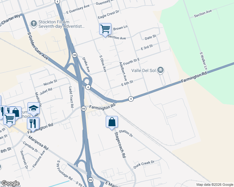 map of restaurants, bars, coffee shops, grocery stores, and more near 2040 South Olive Avenue in Stockton