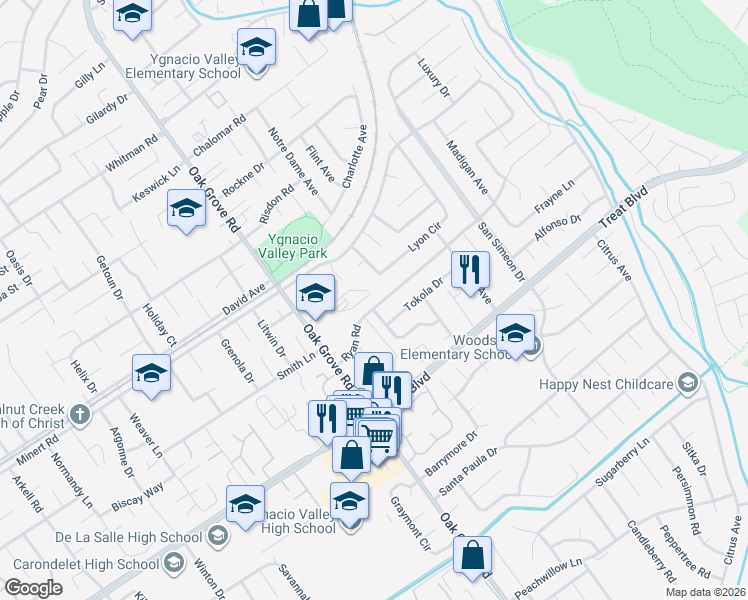 map of restaurants, bars, coffee shops, grocery stores, and more near 2603 Ryan Road in Concord