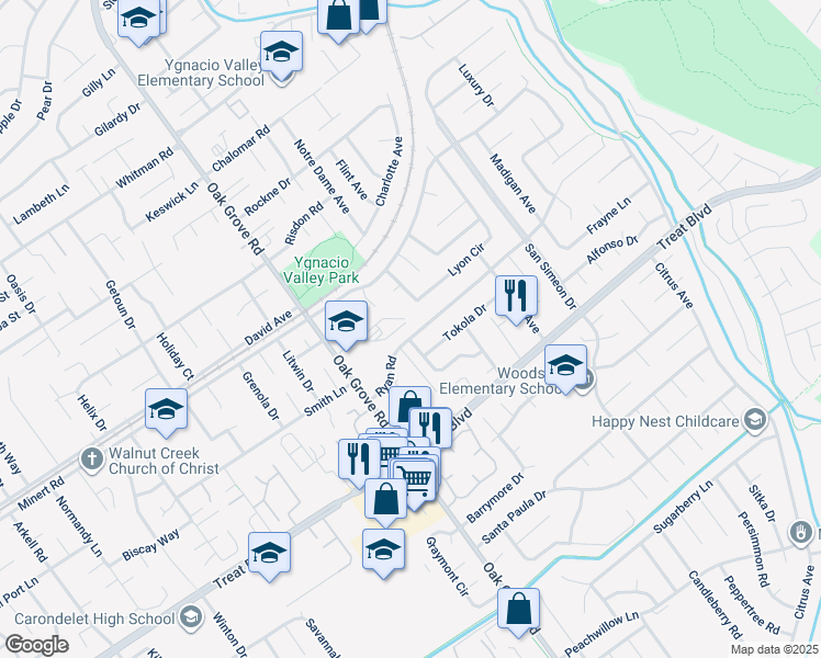 map of restaurants, bars, coffee shops, grocery stores, and more near 2605 Ryan Road in Concord