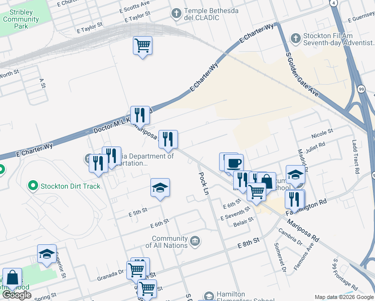 map of restaurants, bars, coffee shops, grocery stores, and more near 1710 Mariposa Road in Stockton