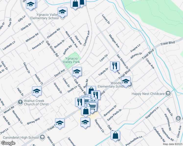 map of restaurants, bars, coffee shops, grocery stores, and more near 2605 Ryan Road in Concord