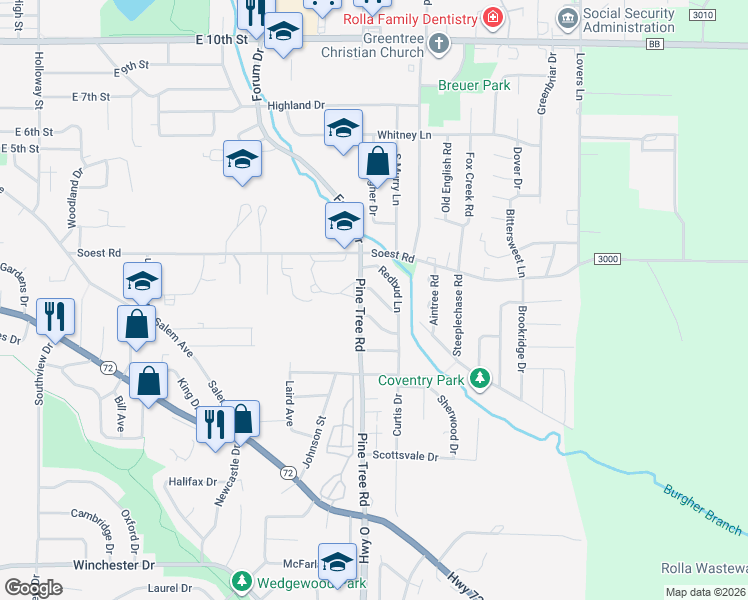 map of restaurants, bars, coffee shops, grocery stores, and more near 4 Dogwood Lane in Rolla