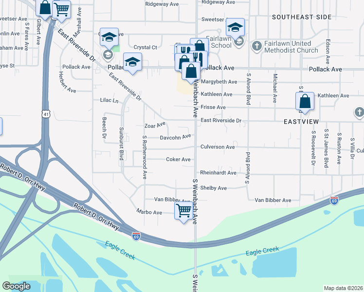 map of restaurants, bars, coffee shops, grocery stores, and more near 1900 Culverson Avenue in Evansville