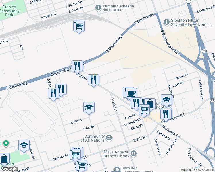 map of restaurants, bars, coffee shops, grocery stores, and more near 1718 East Mariposa Road in Stockton