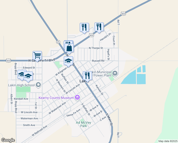 map of restaurants, bars, coffee shops, grocery stores, and more near 200-208 Kansas Street in Lakin