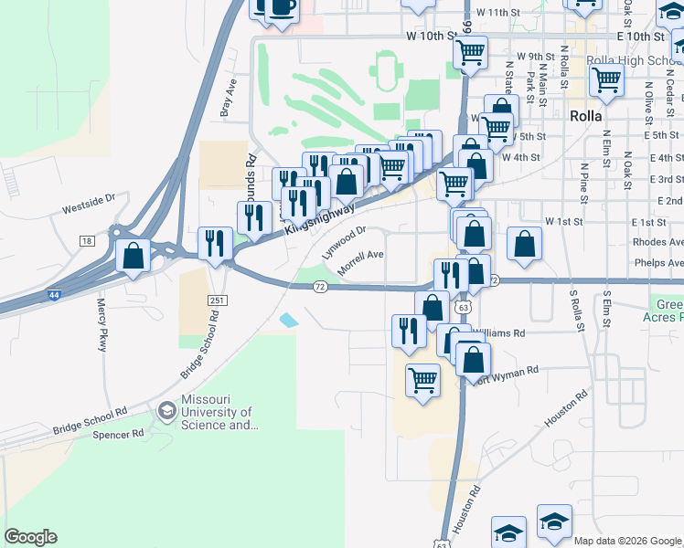 map of restaurants, bars, coffee shops, grocery stores, and more near 1023 Morrell Avenue in Rolla