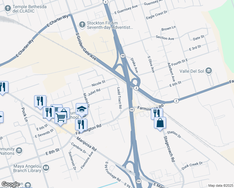 map of restaurants, bars, coffee shops, grocery stores, and more near 1923 Ladd Tract Road in Stockton