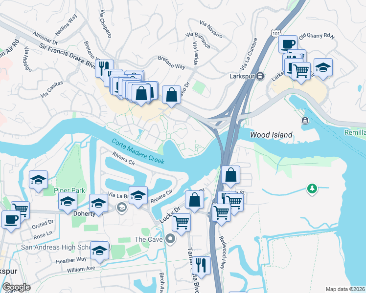 map of restaurants, bars, coffee shops, grocery stores, and more near 500 Drakes Landing Road in Larkspur