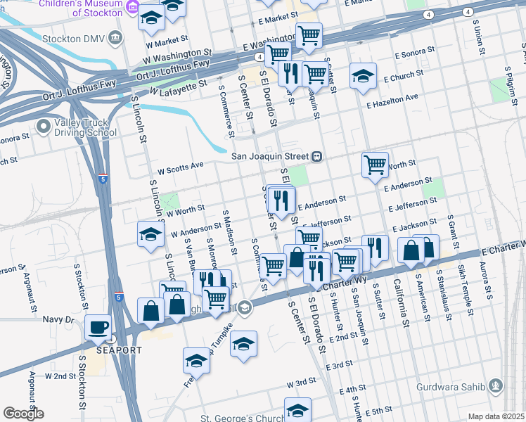 map of restaurants, bars, coffee shops, grocery stores, and more near 12 West Anderson Street in Stockton