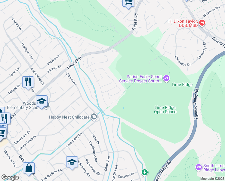 map of restaurants, bars, coffee shops, grocery stores, and more near 3533 Windmill Way in Concord