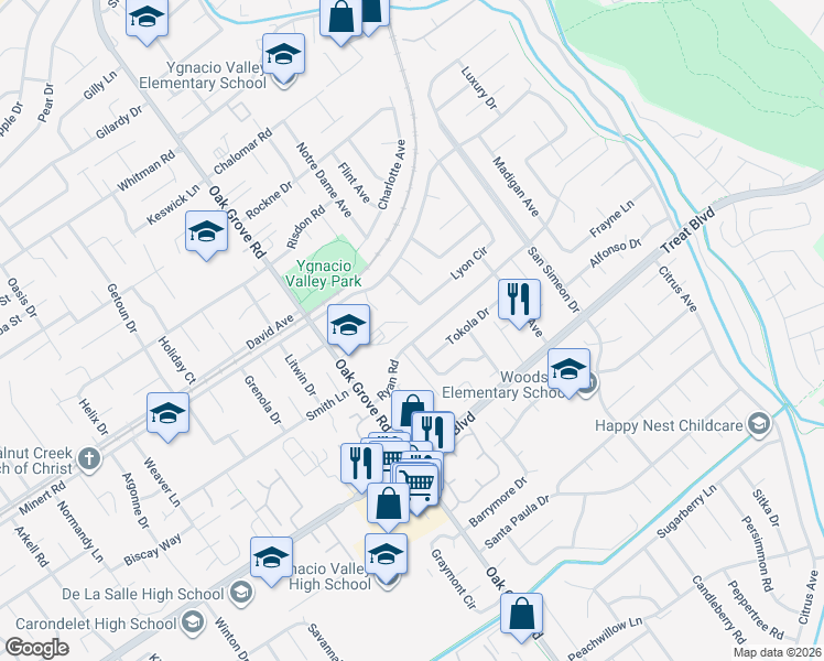 map of restaurants, bars, coffee shops, grocery stores, and more near 2603 Ryan Road in Concord