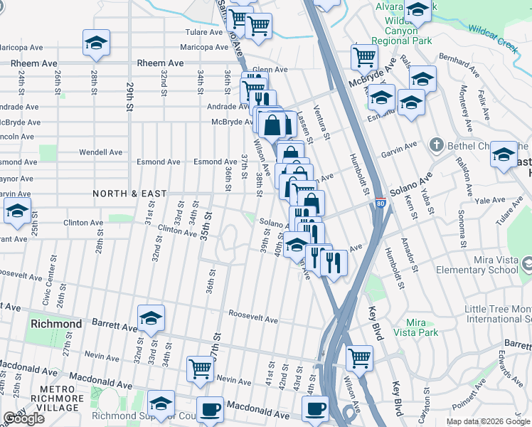 map of restaurants, bars, coffee shops, grocery stores, and more near 3809 Solano Avenue in Richmond