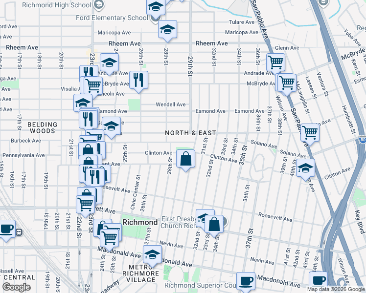 map of restaurants, bars, coffee shops, grocery stores, and more near 710 28th Street in Richmond