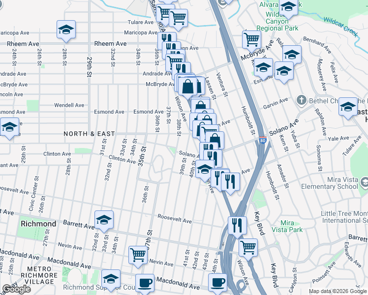 map of restaurants, bars, coffee shops, grocery stores, and more near 3809 Solano Avenue in Richmond