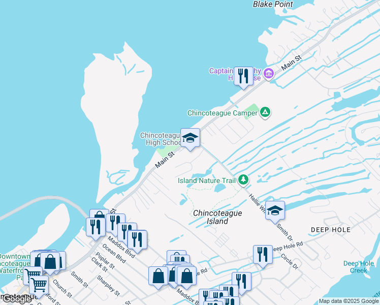 map of restaurants, bars, coffee shops, grocery stores, and more near 4586 Main Street in Chincoteague