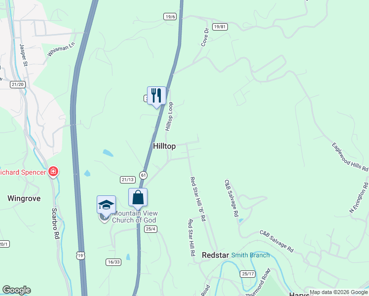 map of restaurants, bars, coffee shops, grocery stores, and more near 139 Red Star Road B in Hilltop