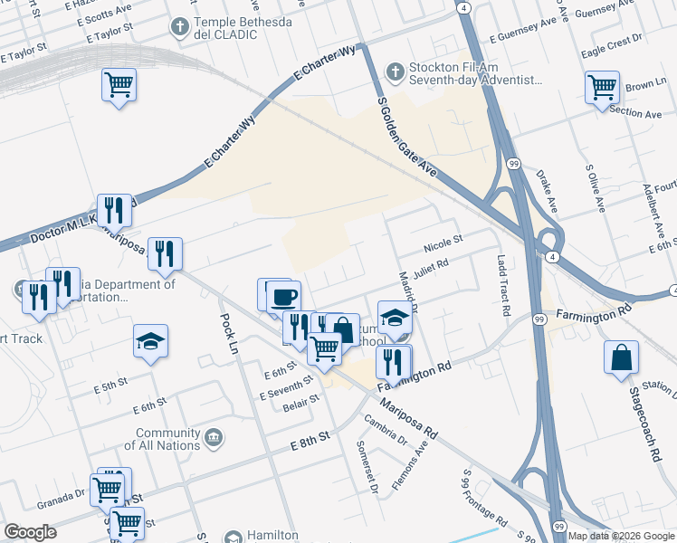 map of restaurants, bars, coffee shops, grocery stores, and more near 1735 Kemp Court in Stockton