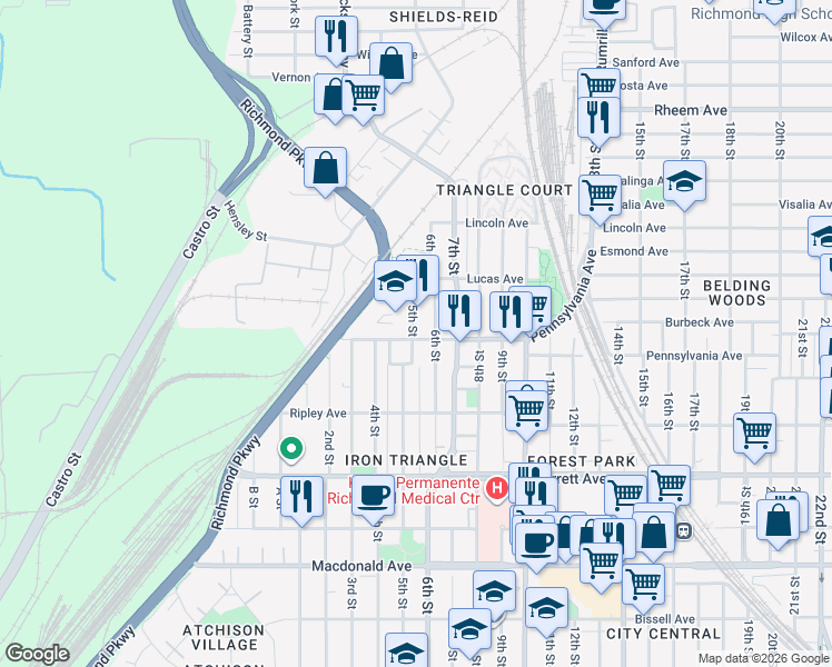 map of restaurants, bars, coffee shops, grocery stores, and more near 501 Pennsylvania Avenue in Richmond
