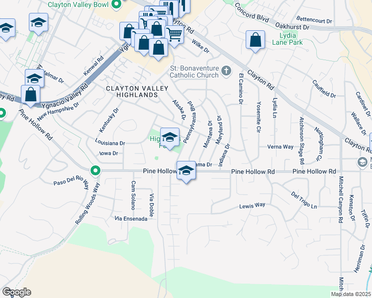map of restaurants, bars, coffee shops, grocery stores, and more near 1337 Pennsylvania Blvd in Concord