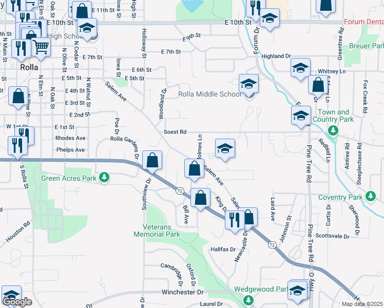 map of restaurants, bars, coffee shops, grocery stores, and more near 673 Salem Avenue in Rolla