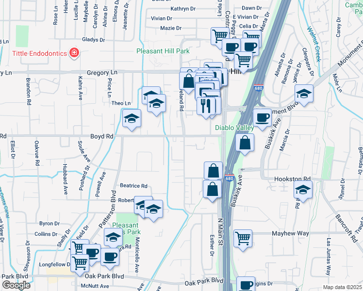 map of restaurants, bars, coffee shops, grocery stores, and more near 111 Cleaveland Road in Pleasant Hill