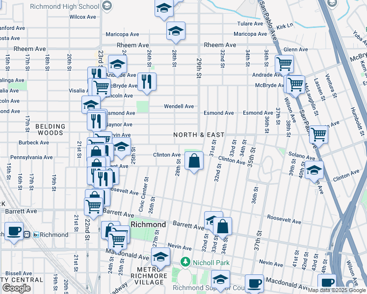 map of restaurants, bars, coffee shops, grocery stores, and more near 710 28th Street in Richmond