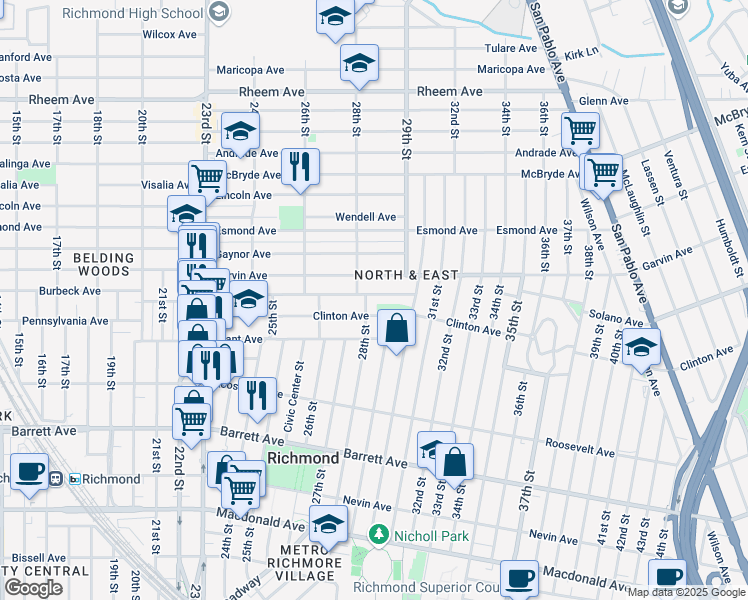 map of restaurants, bars, coffee shops, grocery stores, and more near 710 28th Street in Richmond