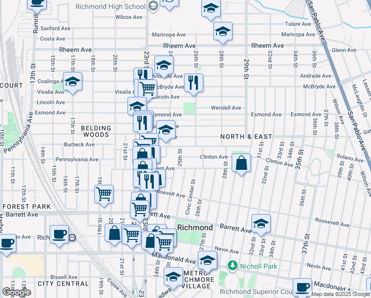 map of restaurants, bars, coffee shops, grocery stores, and more near 700 25th Street in Richmond