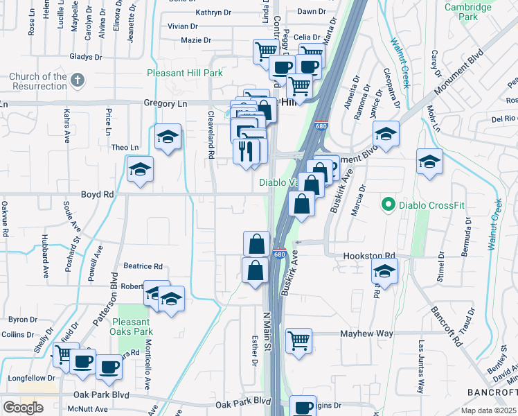 map of restaurants, bars, coffee shops, grocery stores, and more near 2611 Contra Costa Boulevard in Pleasant Hill