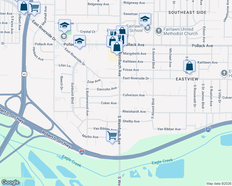 map of restaurants, bars, coffee shops, grocery stores, and more near 1900 Culverson Avenue in Evansville