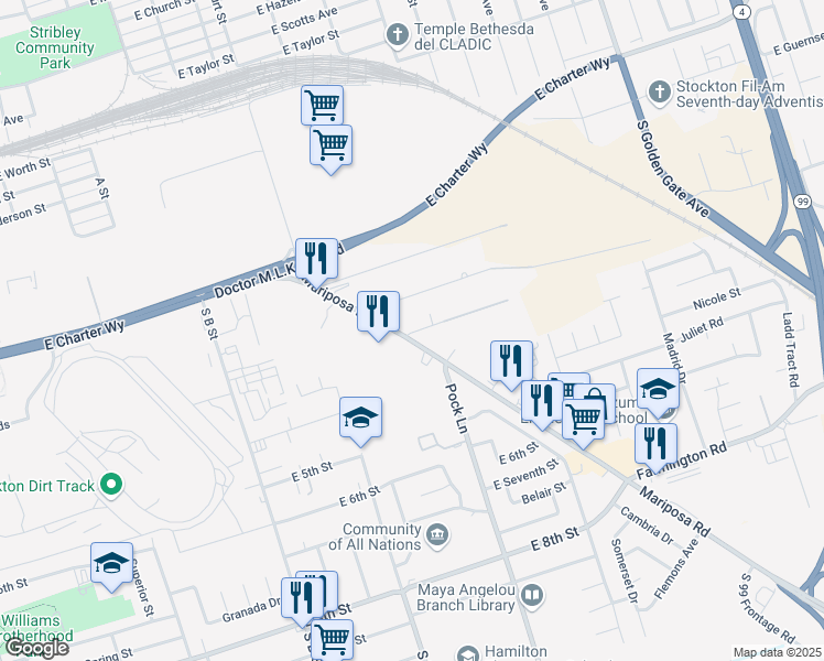 map of restaurants, bars, coffee shops, grocery stores, and more near 1700 Mariposa Road in Stockton