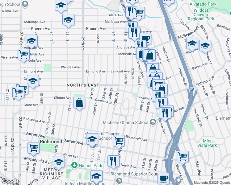 map of restaurants, bars, coffee shops, grocery stores, and more near 3416 Solano Avenue in Richmond