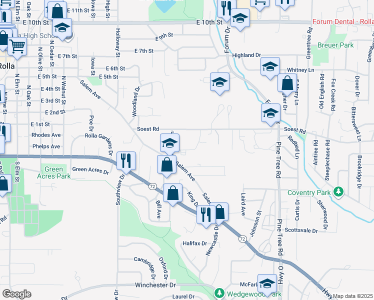 map of restaurants, bars, coffee shops, grocery stores, and more near Mark Twain Drive in Rolla