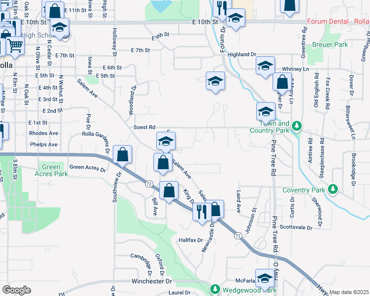 map of restaurants, bars, coffee shops, grocery stores, and more near Mark Twain Drive in Rolla