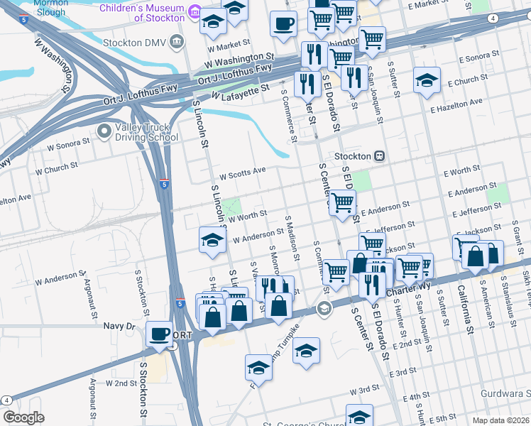 map of restaurants, bars, coffee shops, grocery stores, and more near 900 South Monroe Street in Stockton