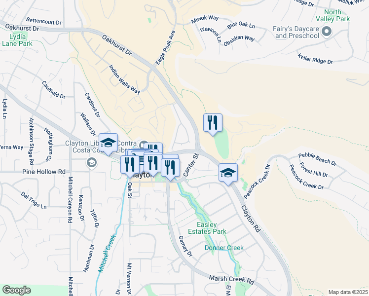 map of restaurants, bars, coffee shops, grocery stores, and more near 1175 Shell Lane in Clayton