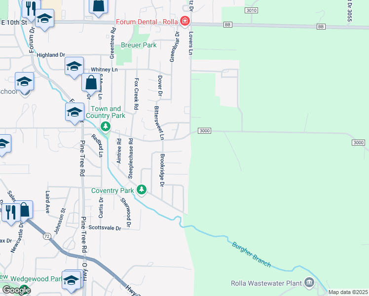 map of restaurants, bars, coffee shops, grocery stores, and more near 1815 Belmont Court in Rolla