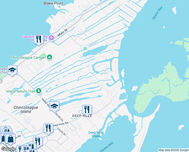 map of restaurants, bars, coffee shops, grocery stores, and more near 5497 Hibiscus Drive in Chincoteague