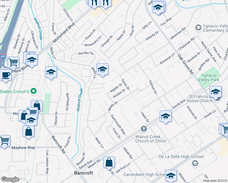 map of restaurants, bars, coffee shops, grocery stores, and more near 1666 Agadir Street in Concord
