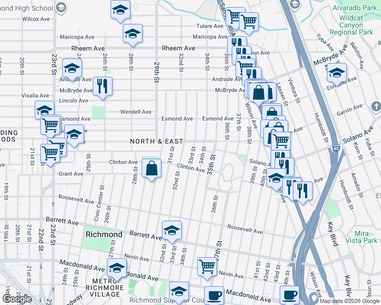 map of restaurants, bars, coffee shops, grocery stores, and more near 734 33rd Street in Richmond