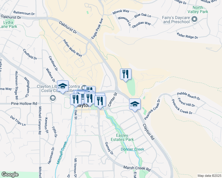 map of restaurants, bars, coffee shops, grocery stores, and more near 1175 Shell Lane in Clayton