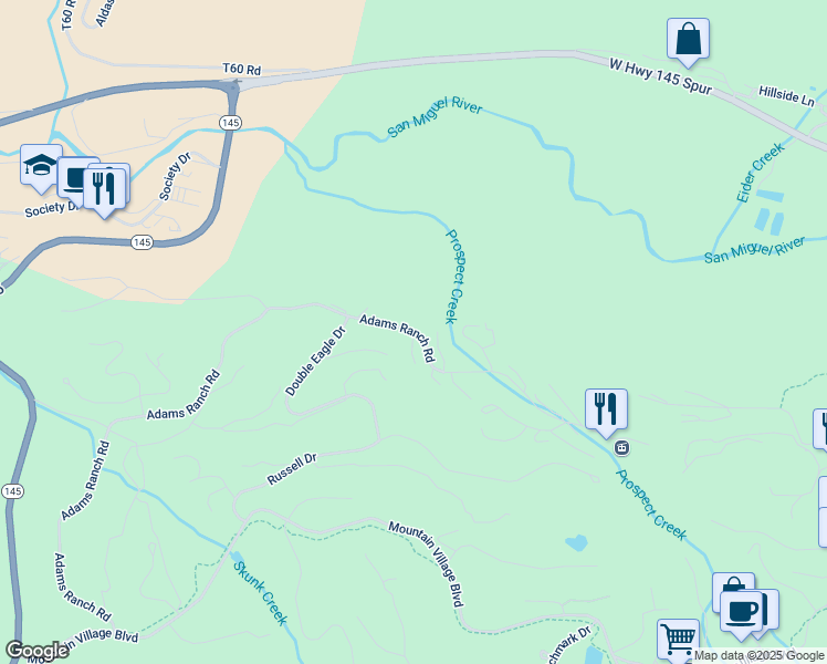 map of restaurants, bars, coffee shops, grocery stores, and more near 297 Adams Ranch Road in Mountain Village