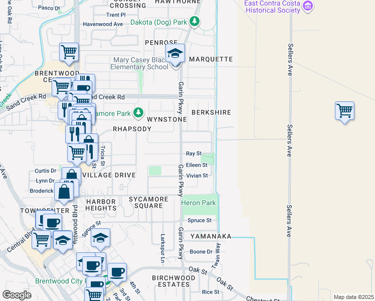map of restaurants, bars, coffee shops, grocery stores, and more near 657 Ray Street in Brentwood