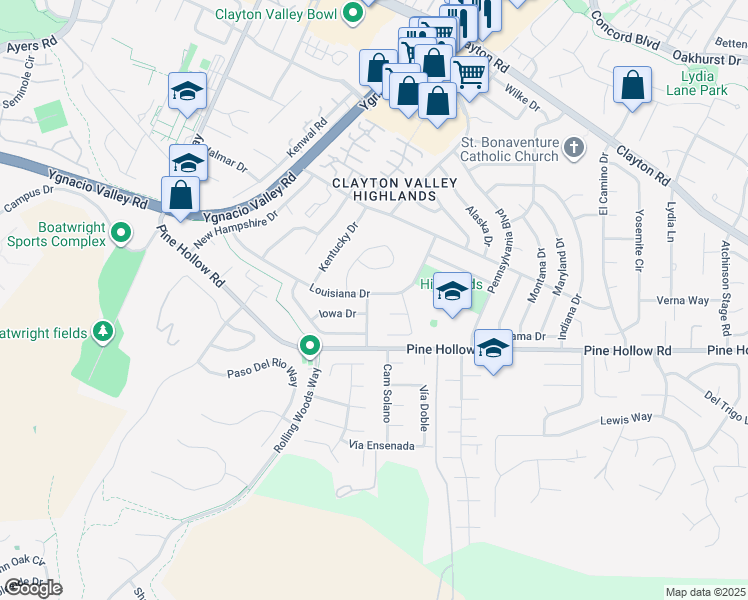 map of restaurants, bars, coffee shops, grocery stores, and more near 1243 Missouri Drive in Concord