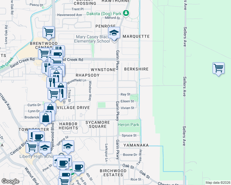 map of restaurants, bars, coffee shops, grocery stores, and more near 649 Ray Court in Brentwood