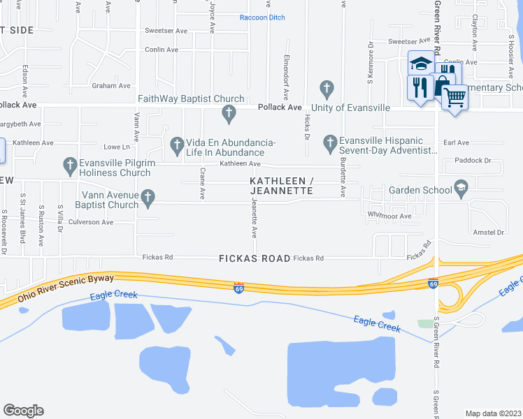 map of restaurants, bars, coffee shops, grocery stores, and more near 2608 Jeanette Avenue in Evansville