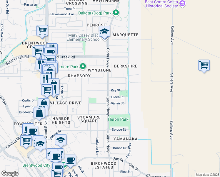 map of restaurants, bars, coffee shops, grocery stores, and more near 655 Ray Street in Brentwood