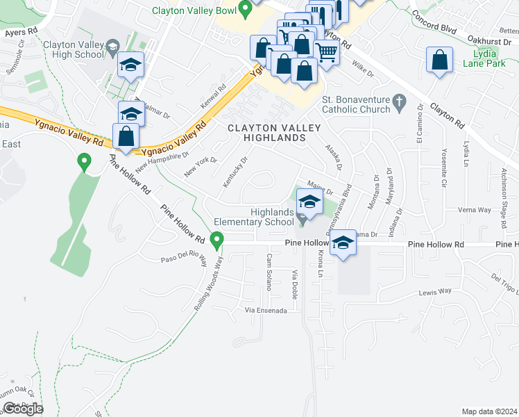 map of restaurants, bars, coffee shops, grocery stores, and more near 1243 Missouri Drive in Concord